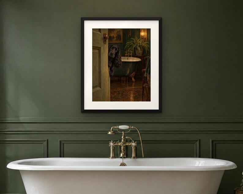 Cocker Spaniel Bathroom Wall Art, Funny Peeking Dog Oil Painting Print (Digital Download) image 4