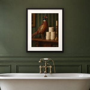 Pheasant and the Loo Roll Print | Funny Bathroom Wall Art | Vintage Animal Oil Painting | One square at a time | Digital Download image 4