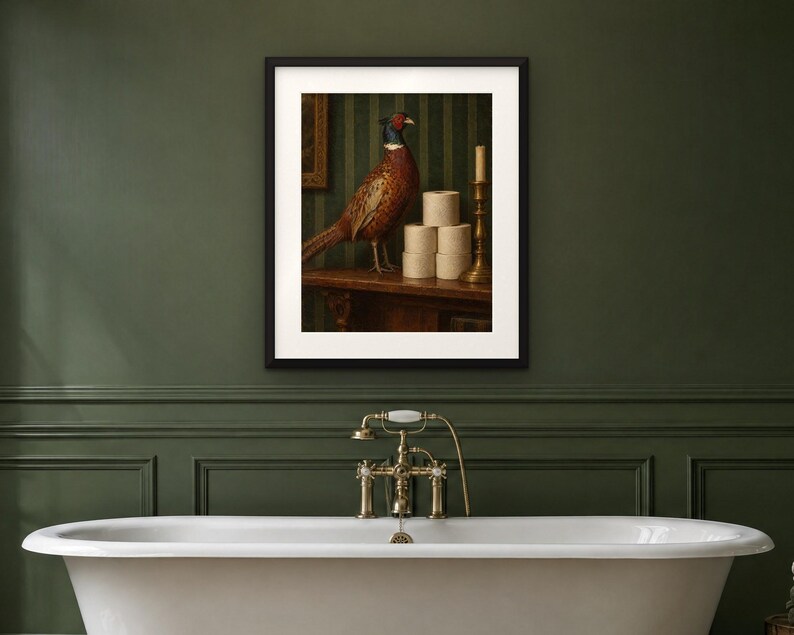 Pheasant and the Loo Roll Print | Funny Bathroom Wall Art | Vintage Animal Oil Painting | One square at a time | Digital Download image 4