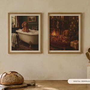 Dachshund Gift Set of 2 Prints, Bathroom and Christmas Oil Paintings (Digital Download)