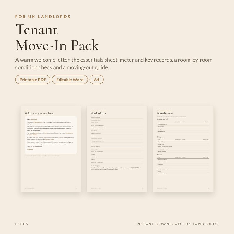 May include: A Tenant Move-In Pack for UK landlords featuring a welcome letter, essentials sheet, meter and key records, room-by-room condition check, and moving-out guide. Includes printable PDF and editable Word files in A4 size format.