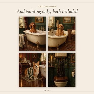 Funny Dog and Cat Bathroom Wall Art Set of 4, Vintage Oil Painting Prints (Digital Download) image 4