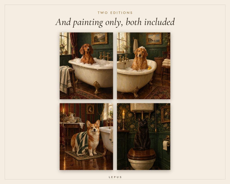 Funny Dog and Cat Bathroom Wall Art Set of 4, Vintage Oil Painting Prints (Digital Download) image 4