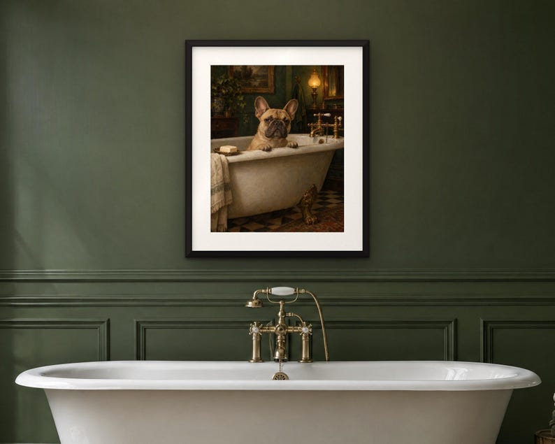 French Bulldog Bathroom Wall Art, Funny Dog Oil Painting Print (Digital Download) image 4
