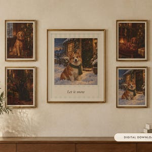 クリスマス犬猫プリント4枚セット、ヴィンテージ油絵（デジタルダウンロード） 画像 1