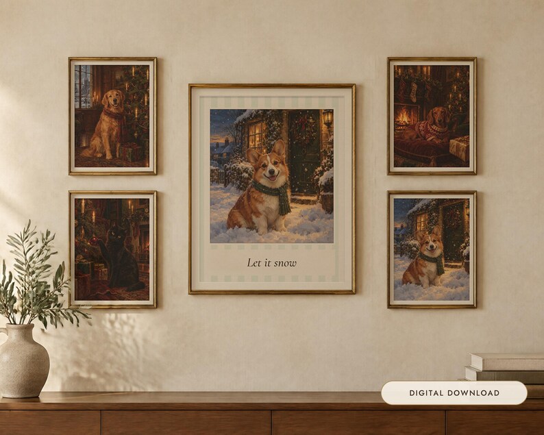 クリスマス犬猫プリント4枚セット、ヴィンテージ油絵（デジタルダウンロード） 画像 1