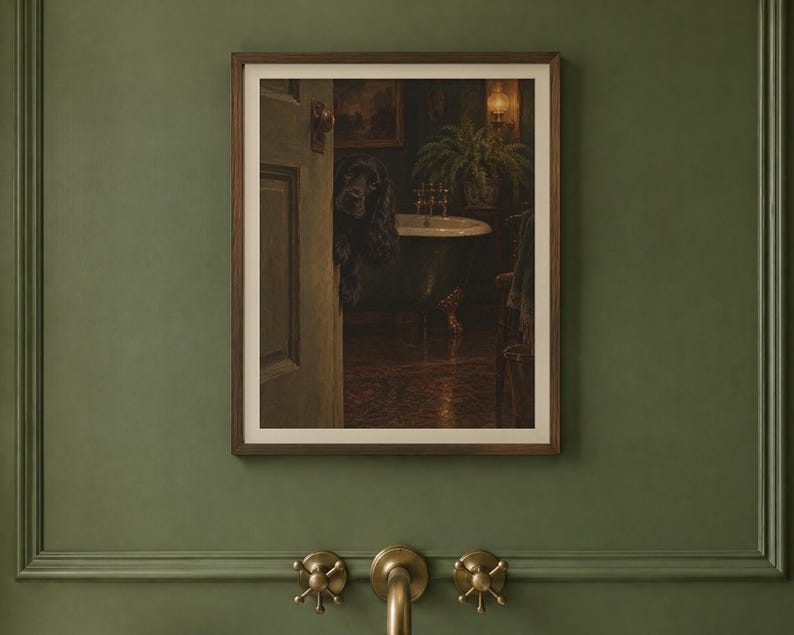 Cocker Spaniel Bathroom Wall Art, Funny Peeking Dog Oil Painting Print (Digital Download) image 2