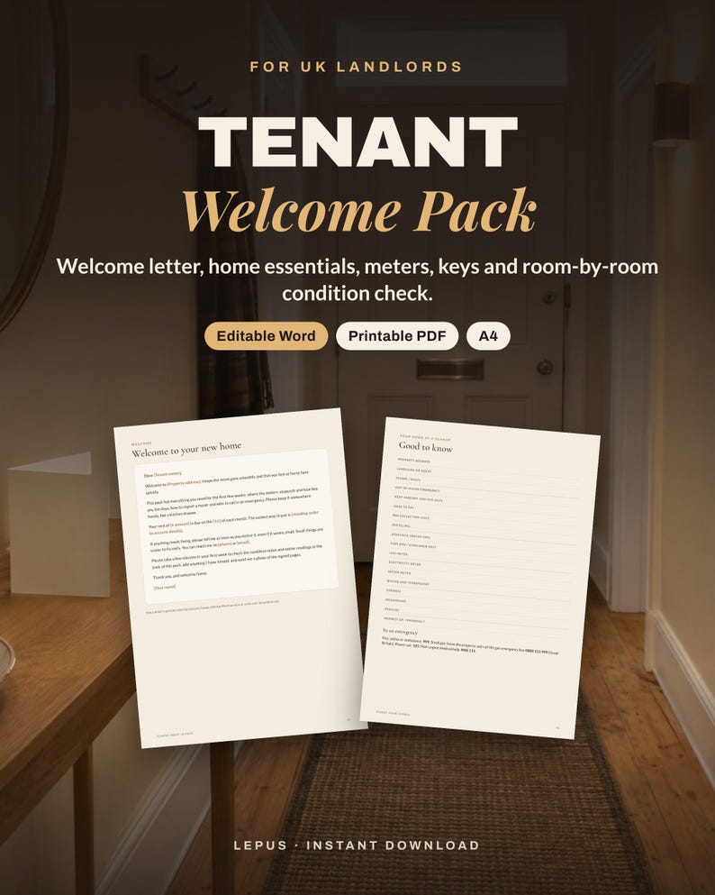 May include: A digital tenant welcome pack for UK landlords featuring a welcome letter and a good to know checklist. The document includes text for home essentials, meters, keys, and condition checks, available as an editable Word file or printable A4 PDF.