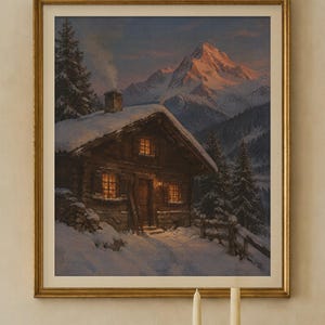 Puede incluir: Un cuadro de paisaje enmarcado que representa una caba&ntilde;a de madera cubierta de nieve al atardecer. La caba&ntilde;a tiene ventanas iluminadas y una chimenea con humo, sobre un fondo de pinos oscuros y un gran pico monta&ntilde;oso nevado.