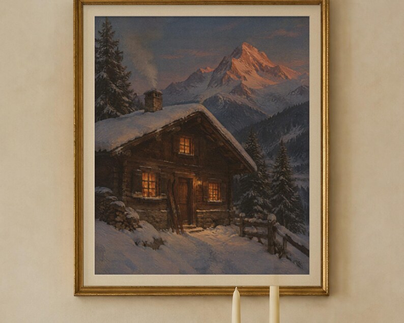 Puede incluir: Un cuadro de paisaje enmarcado que representa una caba&ntilde;a de madera cubierta de nieve al atardecer. La caba&ntilde;a tiene ventanas iluminadas y una chimenea con humo, sobre un fondo de pinos oscuros y un gran pico monta&ntilde;oso nevado.