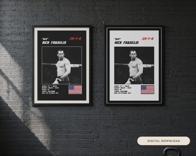 Rich Franklin MMA-poster | Ace Fight muurdecoratie | Zwart-wit edities | Digitale download afbeelding 1