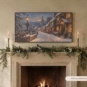 Frame TV Art: Snowy Village, Vintage Christmas Oil Painting (Digital Download) afbeelding 1