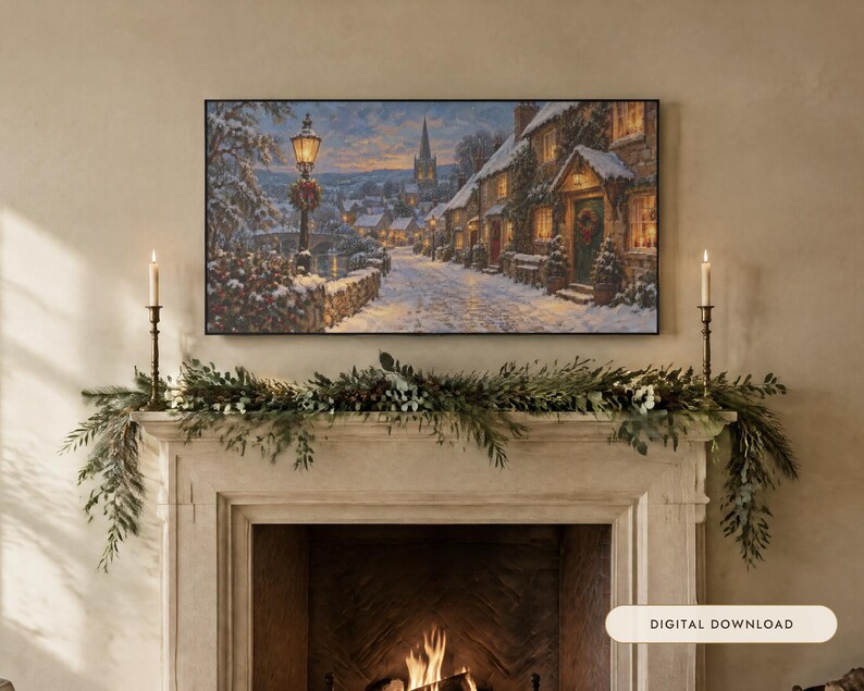 Frame TV Art: Snowy Village, Vintage Christmas Oil Painting (Digital Download) afbeelding 1
