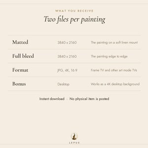 May include: A digital information chart titled What You Receive Two files per painting. It lists specifications including Matted 3840 x 2160, Full bleed 3840 x 2160, Format JPG, 4K, 16:9, and Bonus Desktop. Text includes Instant download.