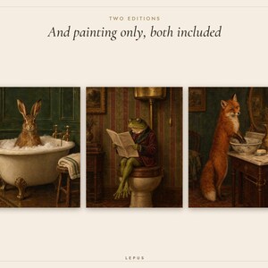 Funny Bathroom Wall Art Set of 3 | Vintage Animal Oil Paintings | Hare, Frog, Fox | Powder Room Prints | Digital Download image 4