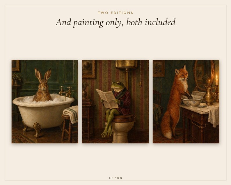 Funny Bathroom Wall Art Set of 3 | Vintage Animal Oil Paintings | Hare, Frog, Fox | Powder Room Prints | Digital Download image 4