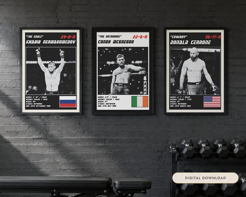 MMA-posters med 3 st | Lättviktsstjärnorna | Khabib, McGregor, Cerrone | Väggkonstpaket för gym | Digital nedladdning bild 1