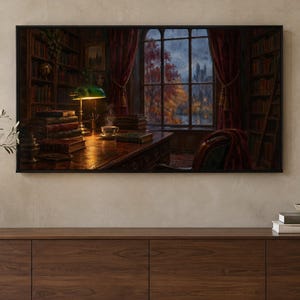 May include: A framed wall art print depicting a dark, wood-paneled library interior with a green banker lamp illuminating a desk, stacks of books, a steaming teacup, and a large window overlooking an autumn landscape with red trees.