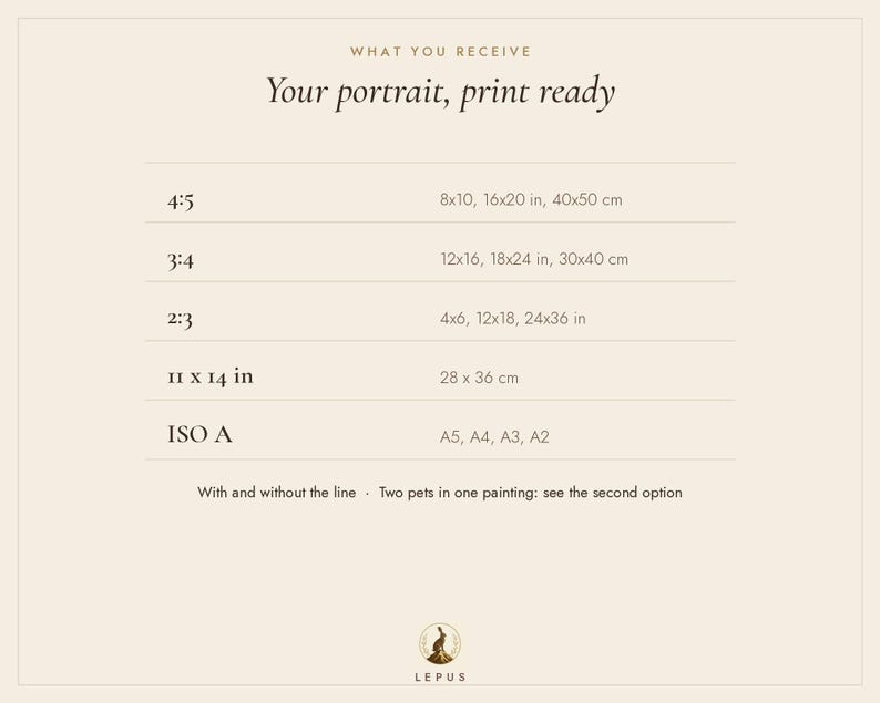 May include: A beige informational chart titled WHAT YOU RECEIVE Your portrait, print ready. It lists aspect ratios 4:5, 3:4, 2:3, 11x14 in, and ISO A with corresponding sizes in inches and centimetres. Includes text about line options and pets.