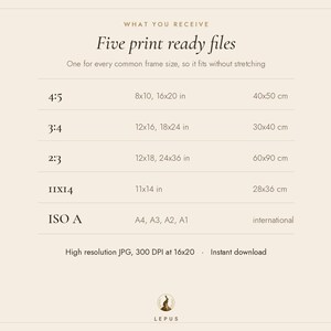 Pode incluir: Uma tabela de informa&ccedil;&otilde;es digital intitulada What You Receive Five print ready files. Lista cinco propor&ccedil;&otilde;es, incluindo 4:5, 3:4, 2:3, 11x14 e ISO A, com as dimens&otilde;es imperiais e m&eacute;tricas correspondentes. Indica JPG de alta resolu&ccedil;&atilde;o, 300 DPI.