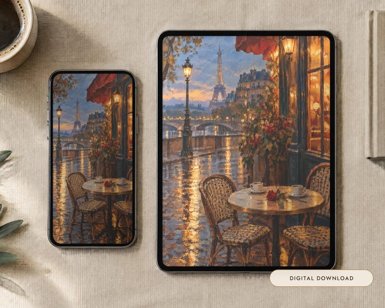 May include: A smartphone and a tablet displaying an oil painting of a Parisian cafe scene at dusk, featuring the Eiffel Tower in the distance, a round table with two chairs, a single red rose, and warm glowing streetlights reflecting on wet pavement.