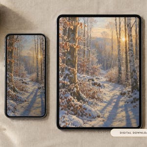 Winter Woodland Wallpaper | Oil Painting Winter Phone, iPad and Desktop Background | Forest Aesthetic | Digital Download