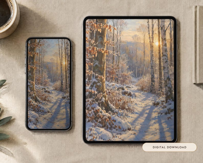 May include: A smartphone and a tablet displaying a digital image of a snowy forest path at sunrise with birch trees, brown leaves, and long shadows. The tablet screen features the text Digital Download in a small rectangular box at the bottom.