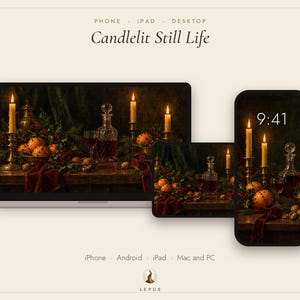 Christmas Still Life Wallpaper | Oil Painting Christmas Phone, iPad and Desktop Background | Cozy Dark Academia Aesthetic | Digital Download image 3