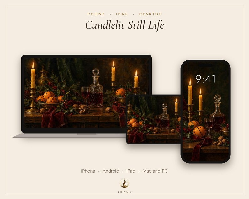 Christmas Still Life Wallpaper | Oil Painting Christmas Phone, iPad and Desktop Background | Cozy Dark Academia Aesthetic | Digital Download image 3