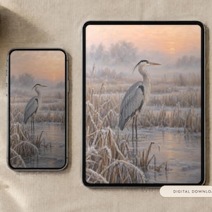 Winter Heron Wallpaper | Oil Painting Winter Phone, iPad and Desktop Background | Lakeside Aesthetic | Digital Download