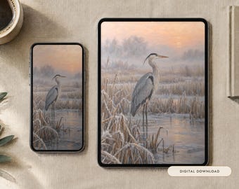 Winterreigerbehang | Olieverfschilderij winterachtergrond voor telefoon, iPad en desktop | Esthetiek aan het meer | Digitale download