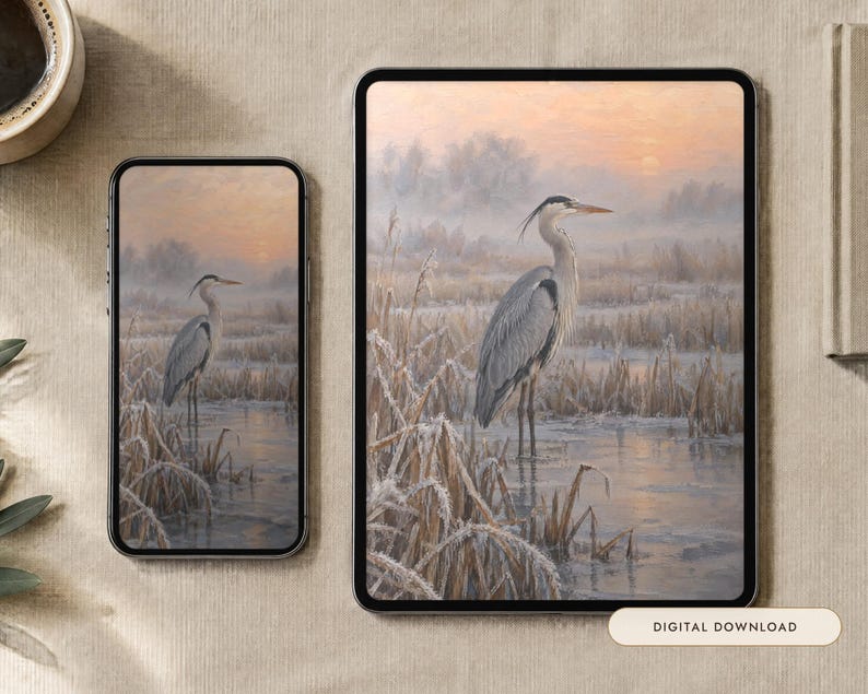 May include: A smartphone and a tablet displaying a digital artwork of a grey heron standing in a frost-covered marsh at sunrise. The screens show the bird amidst icy reeds with a soft, pale orange sky in the background. A label reads Digital Download.