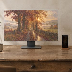 May include: A computer monitor displaying a landscape painting of an autumn forest path at sunset, positioned on a wooden desk next to a ceramic mug, a smartphone on a wooden stand, and a notebook.