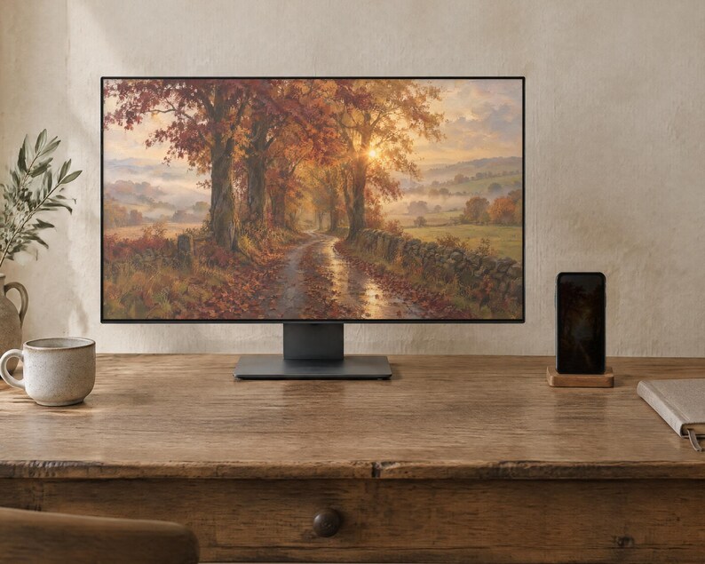 May include: A computer monitor displaying a landscape painting of an autumn forest path at sunset, positioned on a wooden desk next to a ceramic mug, a smartphone on a wooden stand, and a notebook.