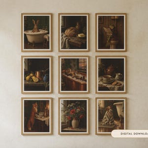 Kitchen and Bath Wall Art Bundle of 12 | Vintage Oil Painting Prints | Bathroom Animals and Kitchen Still Life | Digital Download image 1