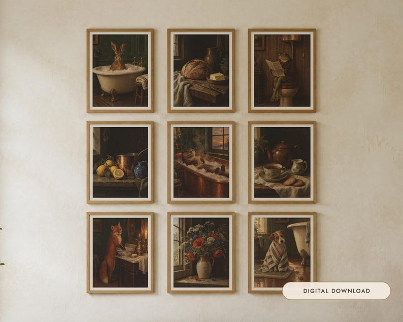 Kitchen and Bath Wall Art Bundle of 12 | Vintage Oil Painting Prints | Bathroom Animals and Kitchen Still Life | Digital Download image 1