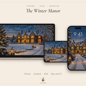 Winter Manor Wallpaper | Oil Painting Christmas Phone, iPad and Desktop Background | Cozy Old Money Aesthetic | Digital Download image 3