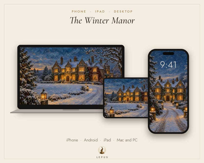 Winter Manor Wallpaper | Oil Painting Christmas Phone, iPad and Desktop Background | Cozy Old Money Aesthetic | Digital Download image 3