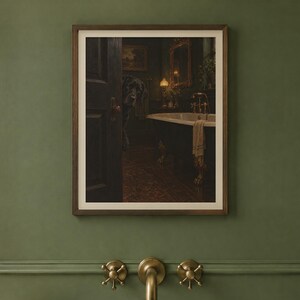 Tableau pour salle de bain représentant un labrador noir, reproduction d'une peinture à l'huile avec un chien qui jette un coup d'œil (téléchargement numérique) image 2