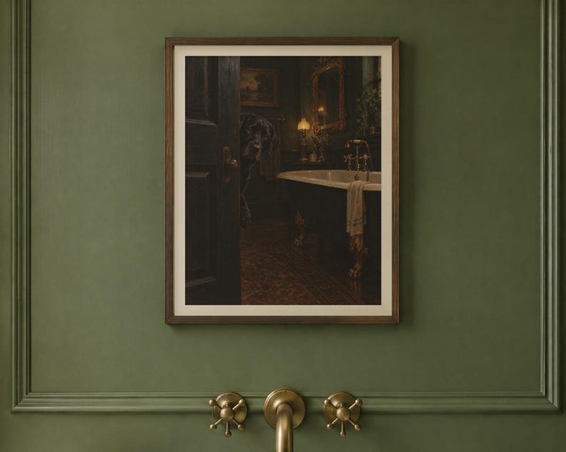 Tableau pour salle de bain représentant un labrador noir, reproduction d'une peinture à l'huile avec un chien qui jette un coup d'œil (téléchargement numérique) image 2