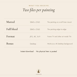 May include: An informational graphic titled What You Receive Two files per painting. It lists specifications for digital art files including Matted and Full bleed options at 3840 x 2160 resolution, JPG format, 4K, 16:9 aspect ratio, and a desktop bonus.