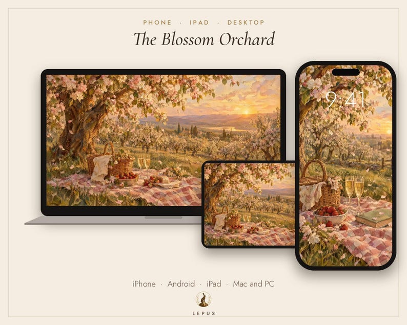 May include: A digital display set featuring a laptop, tablet, and smartphone, each showing a landscape painting titled The Blossom Orchard. The artwork depicts a picnic with a basket, strawberries, and glasses under blooming trees.