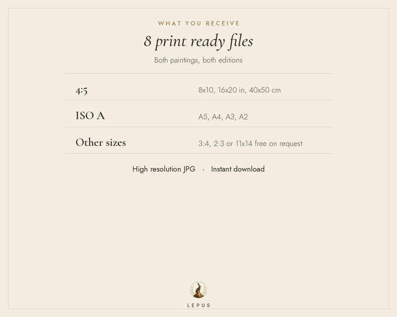 Pu&ograve; includere: Un grafico informativo beige intitolato WHAT YOU RECEIVE 8 print ready files. Elenca rapporti 4:5 di 8x10, 16x20 pollici, 40x50 cm, formati ISO A5, A4, A3, A2 e altre dimensioni 3:4, 2:3 o 11x14 pollici. Include il testo High resolution JPG.