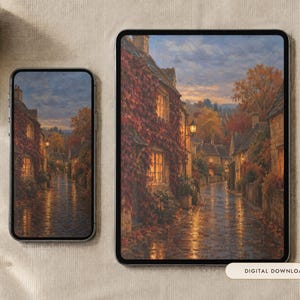 May include: A smartphone and a tablet displaying a digital artwork of a cobblestone village street at dusk, featuring stone cottages covered in autumn vines, glowing windows, and a wet, reflective road. The text "DIGITAL DOWNLOAD" is visible.
