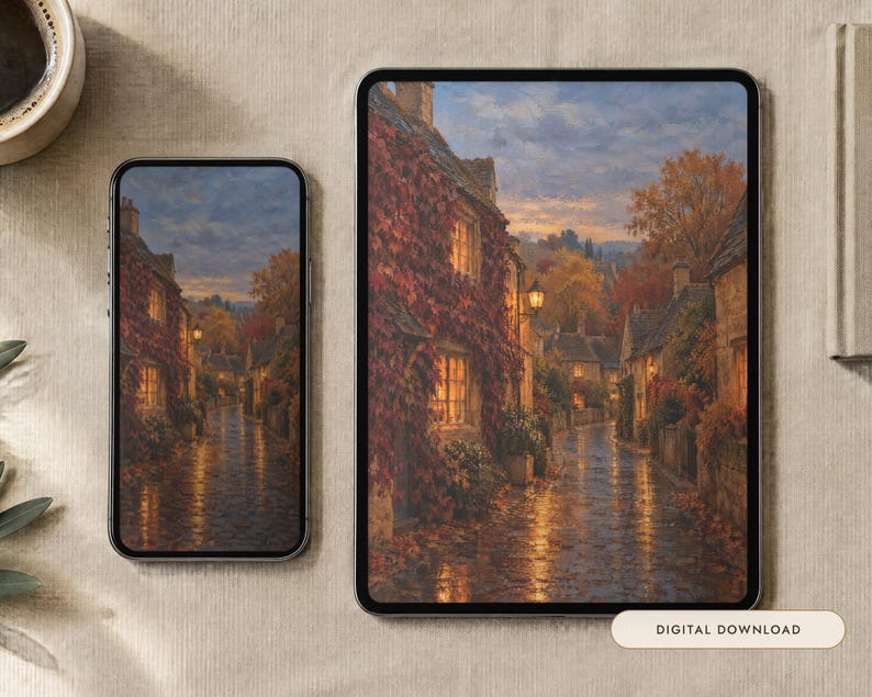 May include: A smartphone and a tablet displaying a digital artwork of a cobblestone village street at dusk, featuring stone cottages covered in autumn vines, glowing windows, and a wet, reflective road. The text "DIGITAL DOWNLOAD" is visible.