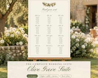 Pacchetto completo per matrimonio a tema verde oliva, comprensivo di disposizione dei posti a sedere, cartello di benvenuto, invito, numeri dei tavoli, menù e modelli Canva modificabili.