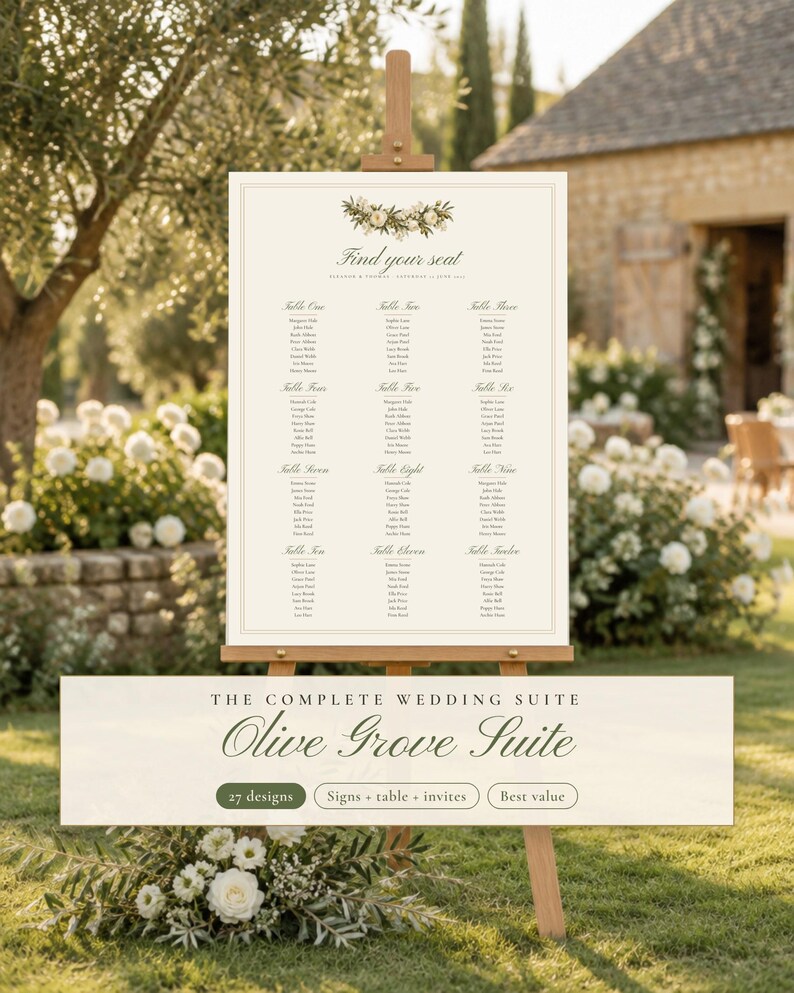Painted Olive Wedding Suite Bundle, Seating Chart, Welcome Sign, Invitation, Table Numbers, Menu, Editable Canva Templates image 1