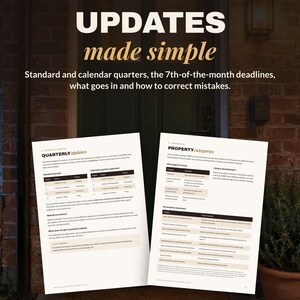 May include: A digital guide titled Every Quarter Updates Made Simple, featuring two pages of text about tax deadlines, property categories, and income reporting. The document includes tables for standard and calendar quarters and lists of UK property income and expenses.