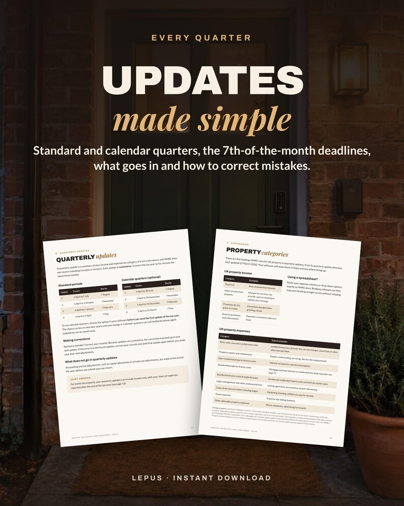 May include: A digital guide titled Every Quarter Updates Made Simple, featuring two pages of text about tax deadlines, property categories, and income reporting. The document includes tables for standard and calendar quarters and lists of UK property income and expenses.