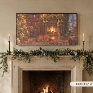 May include: A rectangular wall art print featuring a cozy library scene with a fireplace, a decorated Christmas tree, and a sleeping dog on a rug. The artwork is displayed above a fireplace mantel adorned with a green garland and two candles.